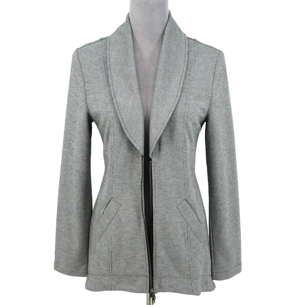Cabi Jacket Womens Small Gray White Stripes Stretch Knit Full Zip Shawl Collar